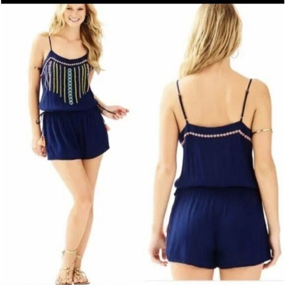 Lilly Pulitzer Navy Blue Embroidered Sleeveless Beeler Romper Women's Medium